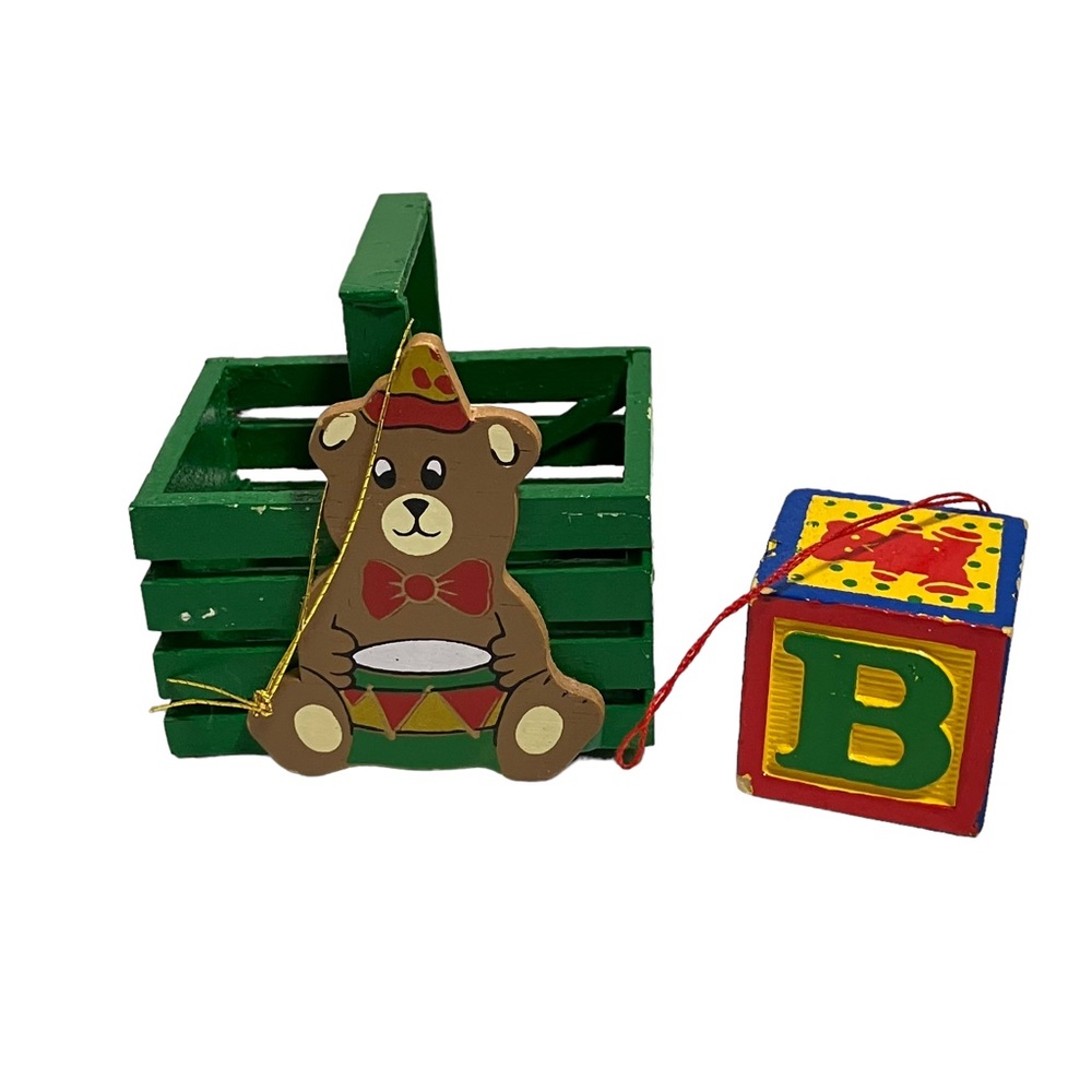 Vintage Teddy Bear Drum Green Crate & Block Christmas Ornament Lot of 2